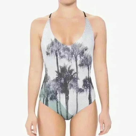AKELA SURF | Women's Grey/Black Palm Tree Reversible One Piece Swimsuit - Picture 1 of 7